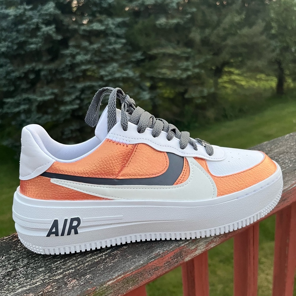 Custom, Hand Painted Nike AF1 Platforms in rose gold and charcoal gray - Picture 3 of 9